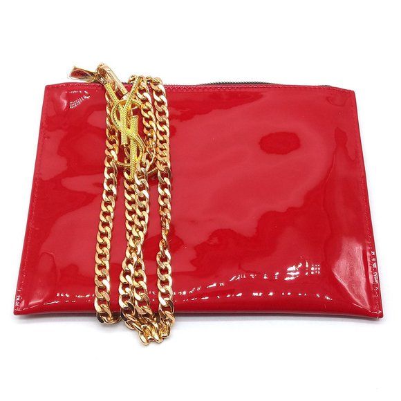 Yves Saint Laurent Red Leather Clutch Shoulder Bag YSL Pin Purse Gold-to… - Picture 12 of 13